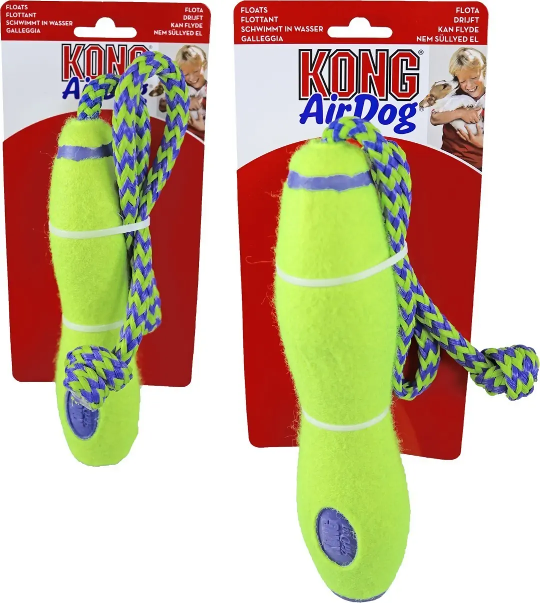 Hond Air Dog Squeakair stick met touw medium Kong Gebr. de Boon