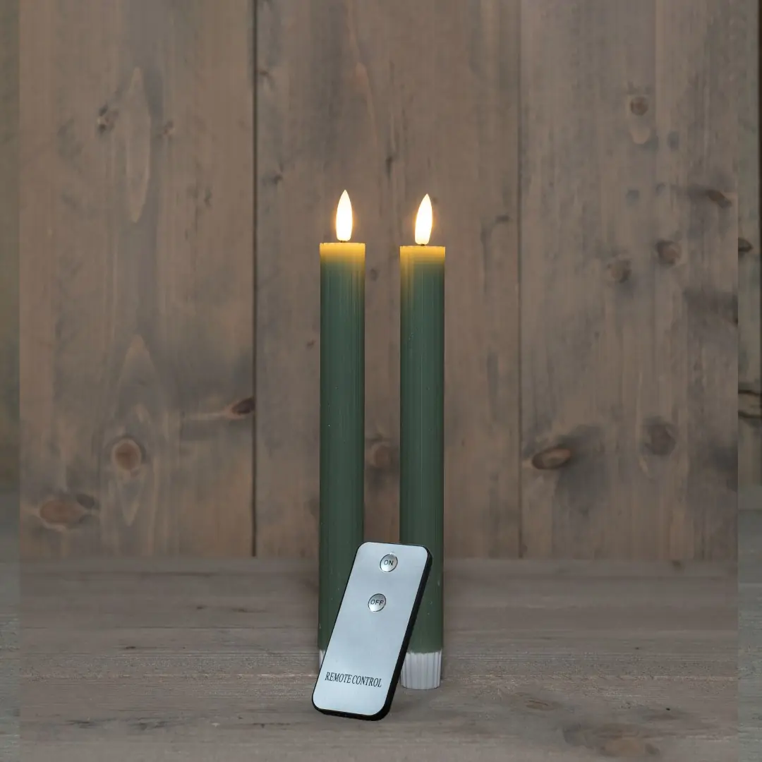 B.O. 2Pcs 3D Wick Jade Green Ribbel Taper Candle kaars 23 cm Rustic Anna's Collection