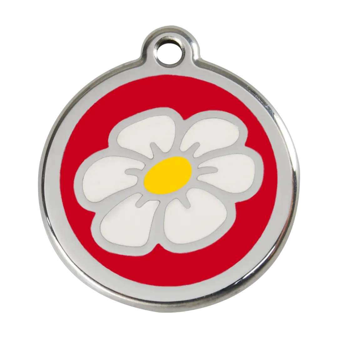 Daisy Flower Red roestvrijstalen hondenpenning large/groot dia. 3,8 cm RedDingo