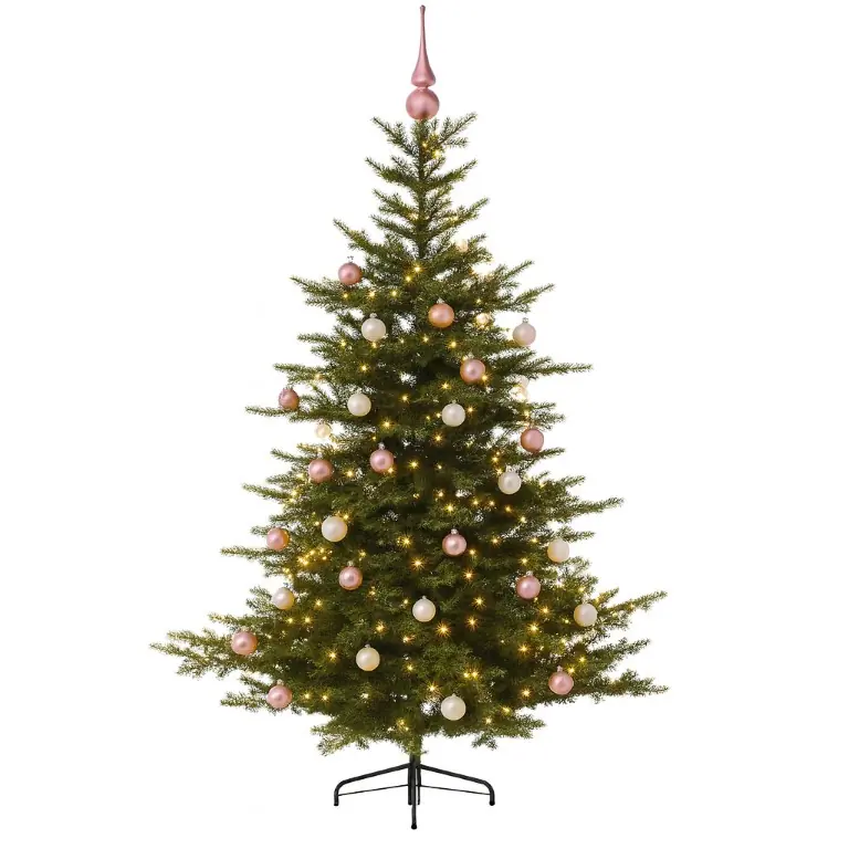 Grandis Fir groen vanaf 150 cm hoog kunstkerstboom opgemaakt met piek, roze & wit Everlands