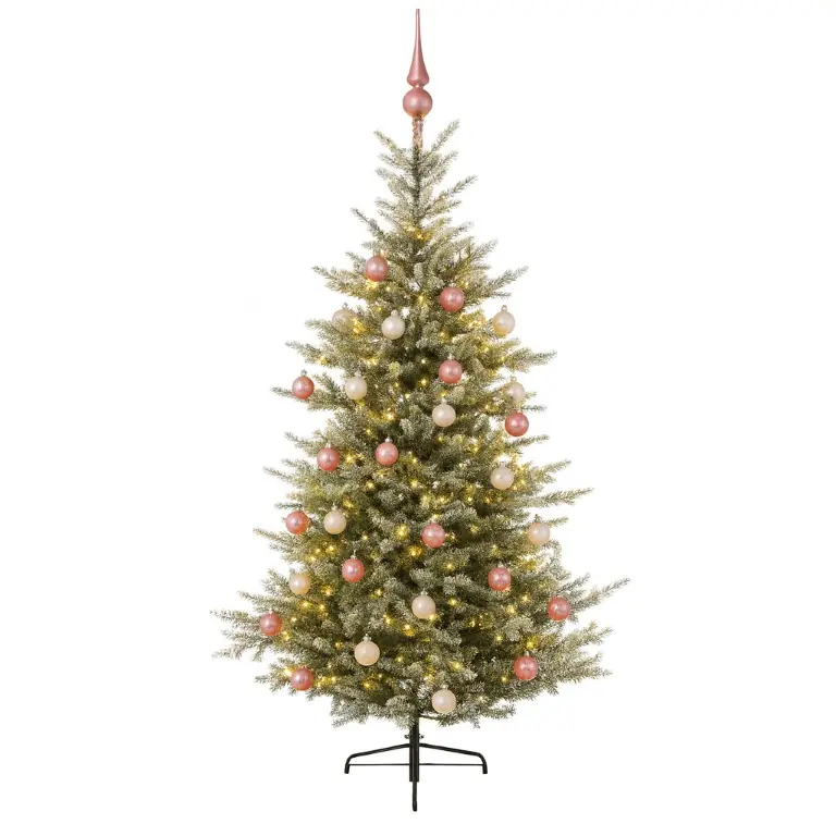 Grandis Fir groen besneeuwd vanaf 150 cm hoog kunstkerstboom opgemaakt met piek, roze & wit Everlands