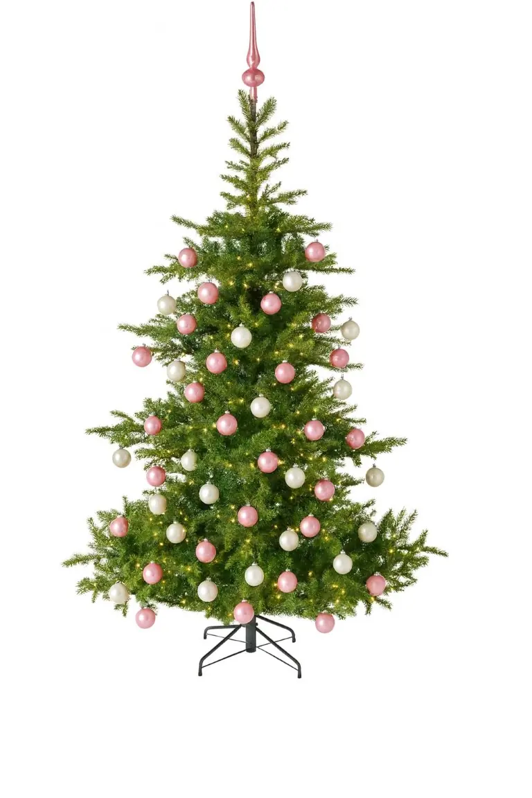 Grandis Fir groen prelit vanaf 150 cm hoog kunstkerstboom opgemaakt met piek, roze & wit Everlands