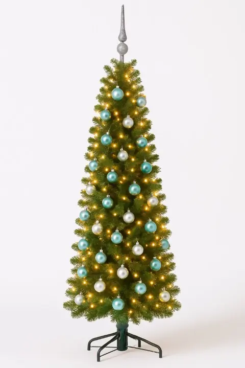 Pencil Candle dia. 50 cm groen vanaf 150 cm hoog kunstkerstboom opgemaakt met piek, blauw & zilver Everlands Holiday Tree