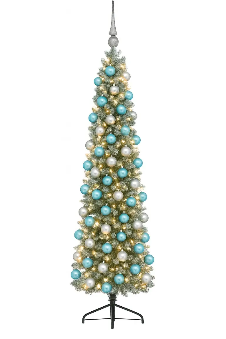 Pencil Candle dia. 50 cm groen besneeuwd vanaf 150 cm hoog kunstkerstboom opgemaakt met piek, blauw & zilver Everlands Holiday Tree