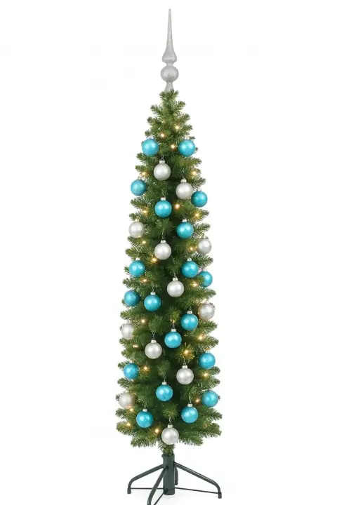 Pencil Candle dia. 50 cm groen prelit vanaf 150 cm hoog kunstkerstboom opgemaakt met piek, blauw & zilver Everlands Holiday Tree
