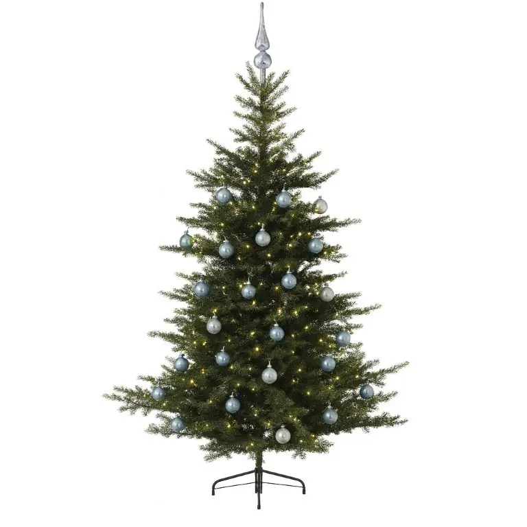 Grandis Fir groen vanaf 150 cm hoog kunstkerstboom opgemaakt met piek, blauw & zilver Everlands