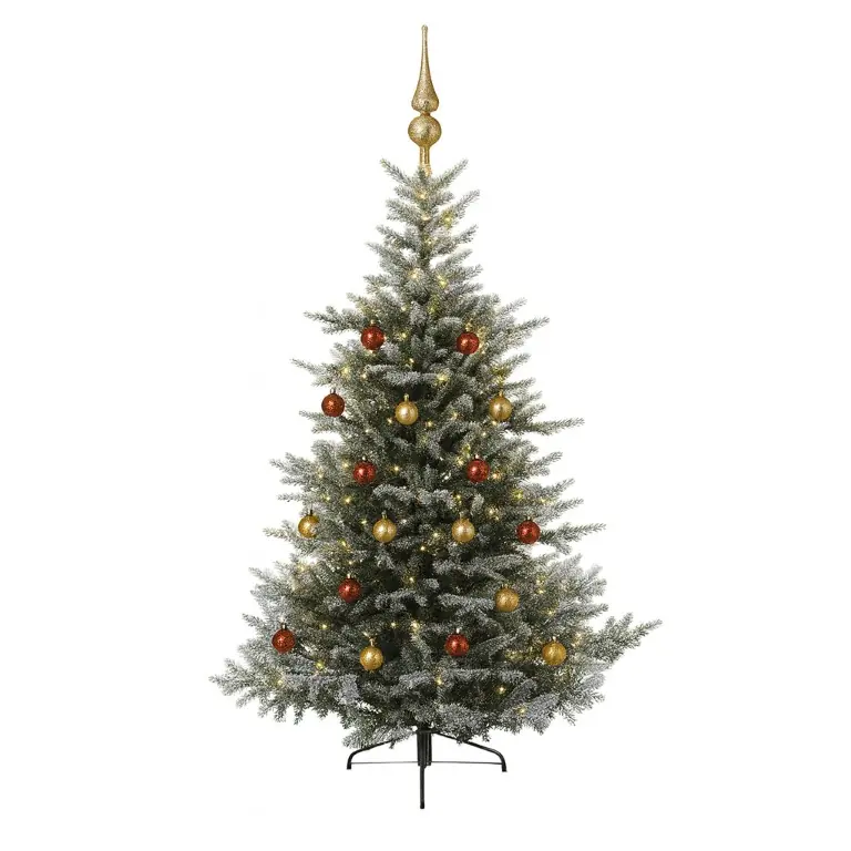 Grandis Fir groen besneeuwd vanaf 150 cm hoog kunstkerstboom opgemaakt met piek, rood & goud Everlands