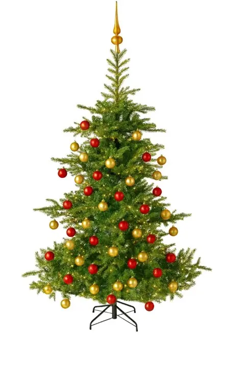 Grandis Fir groen prelit vanaf 150 cm hoog kunstkerstboom opgemaakt met piek, rood & goud Everlands