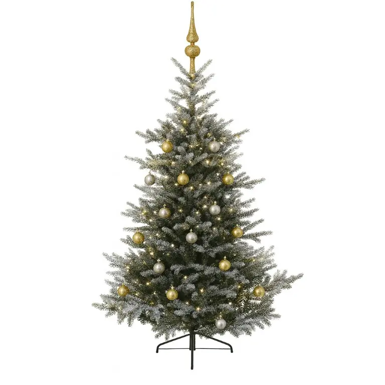 Grandis Fir groen besneeuwd vanaf 150 cm hoog kunstkerstboom opgemaakt met piek, zilver & goud Everlands
