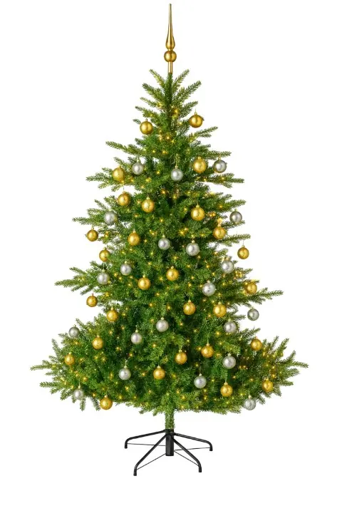 Grandis Fir groen prelit vanaf 150 cm hoog kunstkerstboom opgemaakt met piek, zilver & goud Everlands